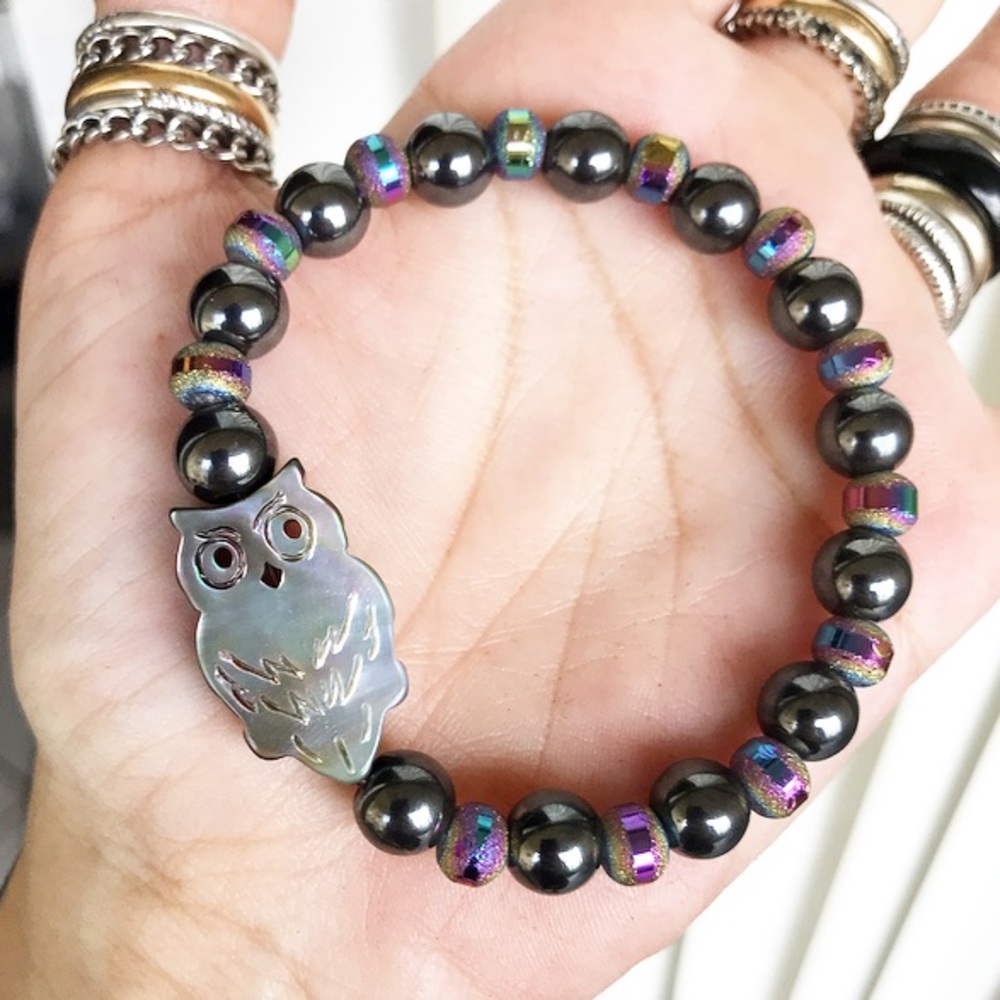 Mother of pearl owl hematite purple druzy bracelet - Picture 4 of 8